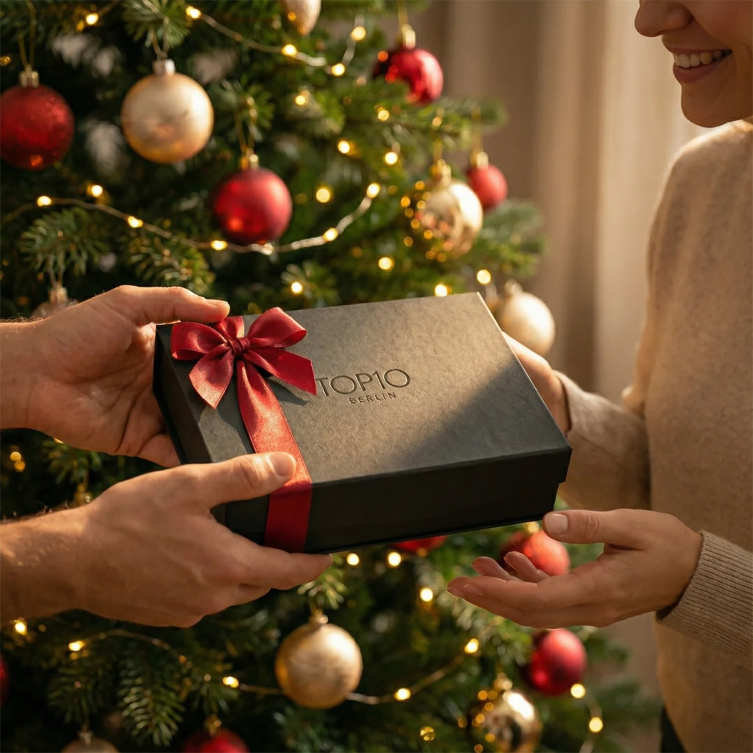 Top10 Experience Box gifted in front of a Christmas tree