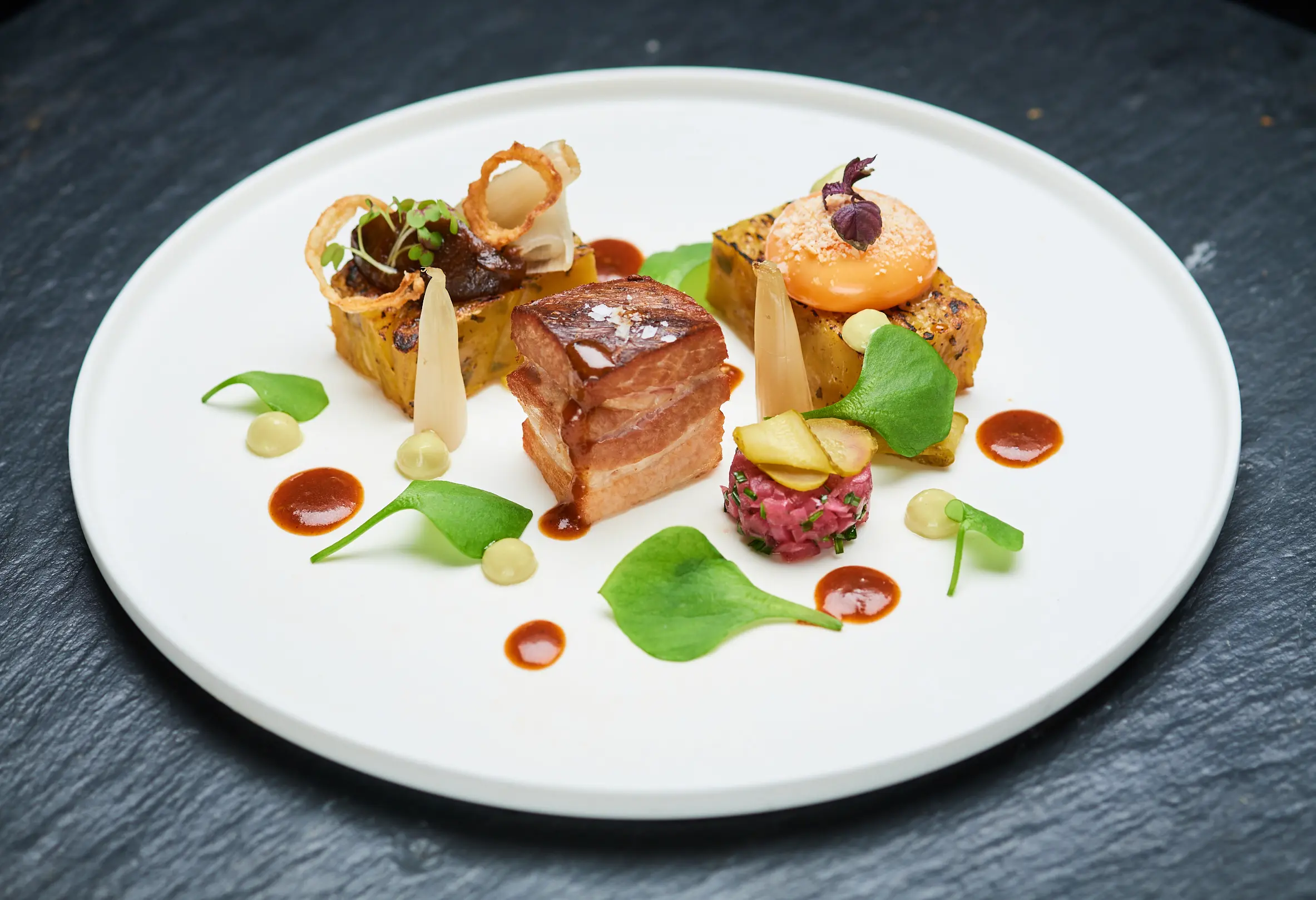 An exquisite composition of gourmet meat with vegetable sides on a white porcelain plate at Jolesch restaurant.
